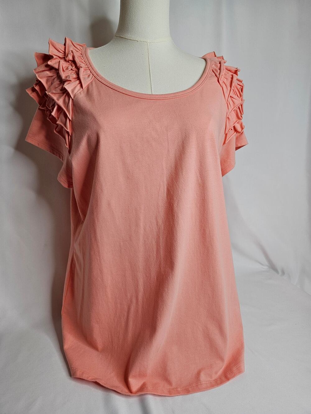 NWT L Ecothreads Peach Tile Ruffled Cap Sleeve Cotton Tee